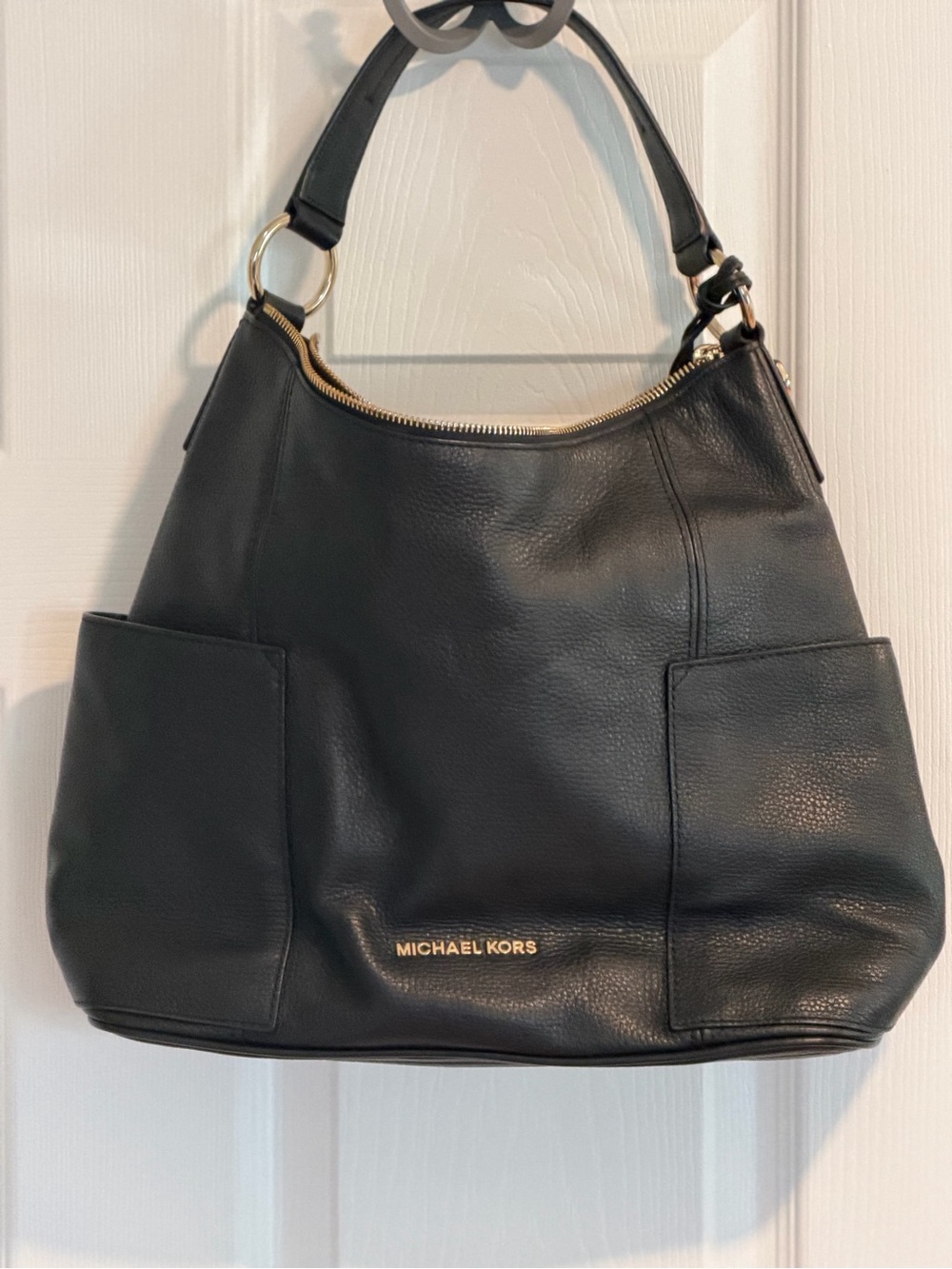 Michael Kors Anita Black Leather Shoulder Hobo with Gold Hardware